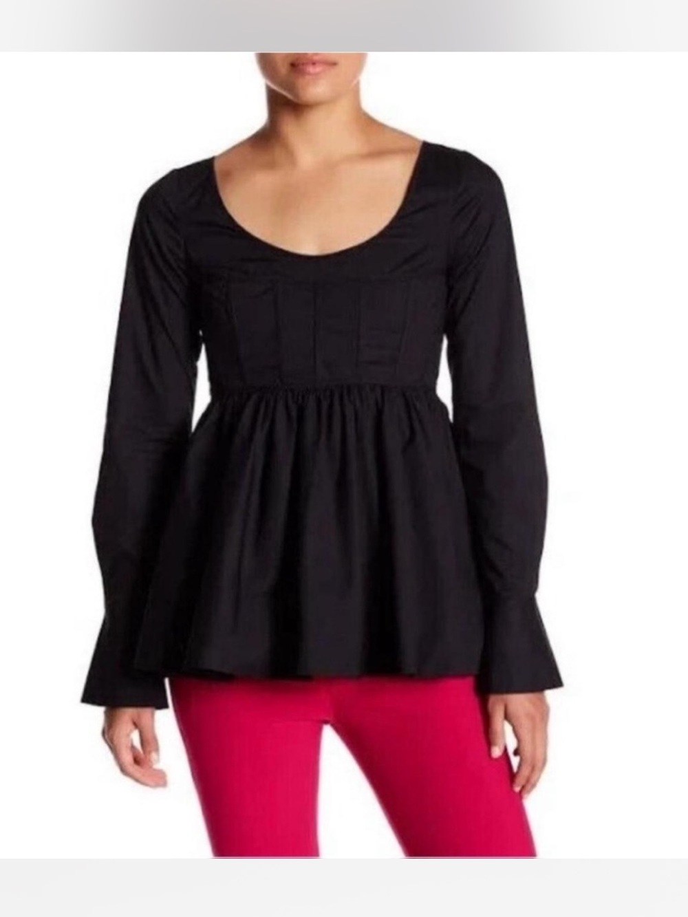 cinq a sept Black Long-Sleeve Peplum Scoop Neck Top